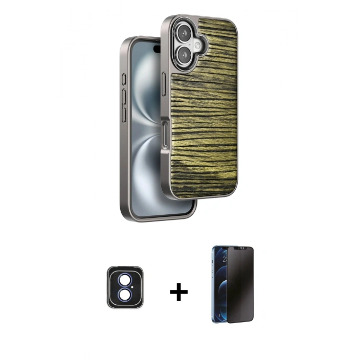 MARSİLYAN™- iPhone 16 Kılıf Atlas Minimal Özel Seri - Siyah 3D Antistatik Hayalet Cam Ekran Koruyucu + PVD Metal Kamera Lens - MI
