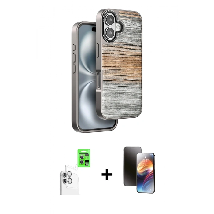MARSİLYAN™- iPhone 16 Kılıf Atlas Minimal Özel Seri - Siyah 3D Antistatik Mat Seramik Nano Ekran Koruyucu + Raze Metal Kamera Lens - BZ