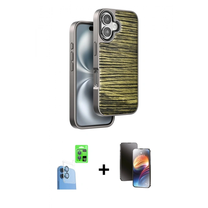 MARSİLYAN™- iPhone 16 Kılıf Atlas Minimal Özel Seri - Siyah 3D Antistatik Mat Seramik Nano Ekran Koruyucu + Raze Metal Kamera Lens - LT