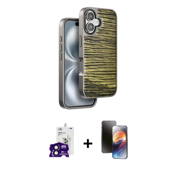 MARSİLYAN™- iPhone 16 Kılıf Atlas Minimal Özel Seri - Siyah 3D Antistatik Mat Seramik Nano Ekran Koruyucu + Bilvis Titan Kamera Lens - SH