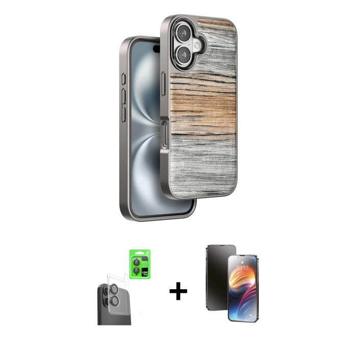 MARSİLYAN™- iPhone 16 Kılıf Atlas Minimal Özel Seri - Siyah 3D Antistatik Mat Seramik Nano Ekran Koruyucu + Raze Metal Kamera Lens - SH