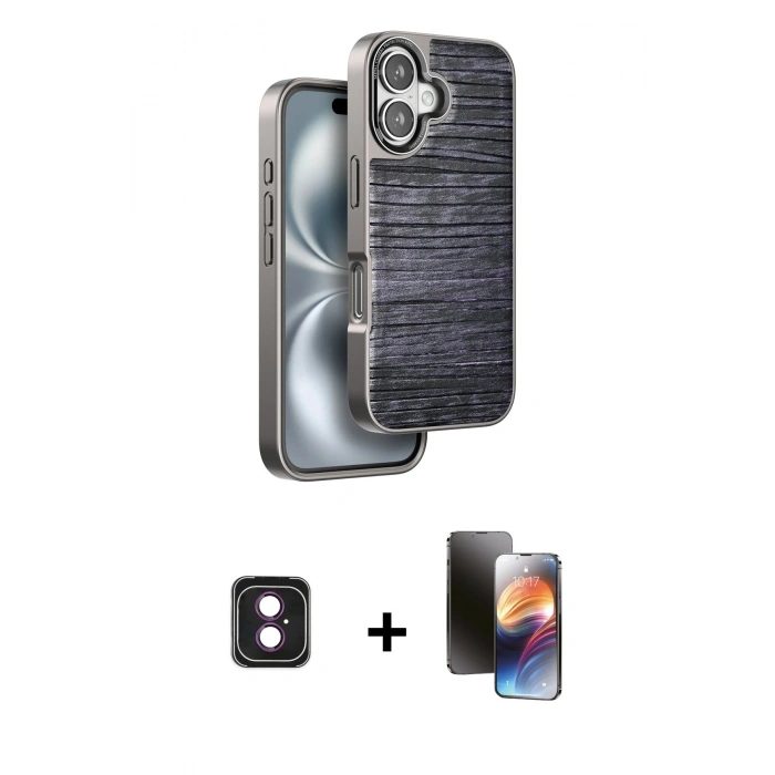 MARSİLYAN™- iPhone 16 Kılıf Atlas Minimal Özel Seri - Siyah 3D Antistatik Mat Seramik Nano Ekran Koruyucu + PVD Metal Kamera Lens - PE