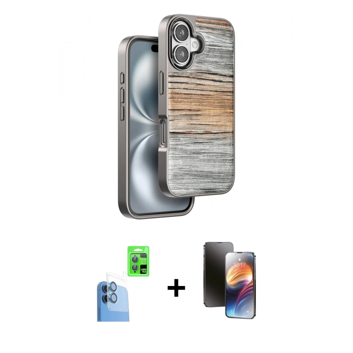 MARSİLYAN™- iPhone 16 Kılıf Atlas Minimal Özel Seri - Siyah 3D Antistatik Mat Seramik Nano Ekran Koruyucu + Raze Metal Kamera Lens - LT