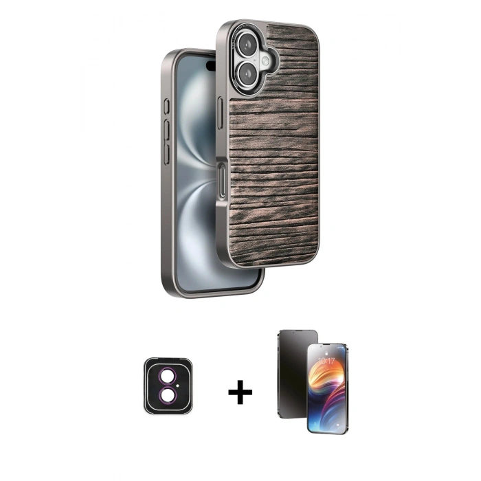 MARSİLYAN™- iPhone 16 Kılıf Atlas Minimal Özel Seri - Siyah 3D Antistatik Mat Seramik Nano Ekran Koruyucu + PVD Metal Kamera Lens - PE
