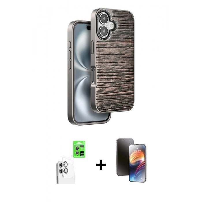 MARSİLYAN™- iPhone 16 Kılıf Atlas Minimal Özel Seri - Siyah 3D Antistatik Mat Seramik Nano Ekran Koruyucu + Raze Metal Kamera Lens - BZ