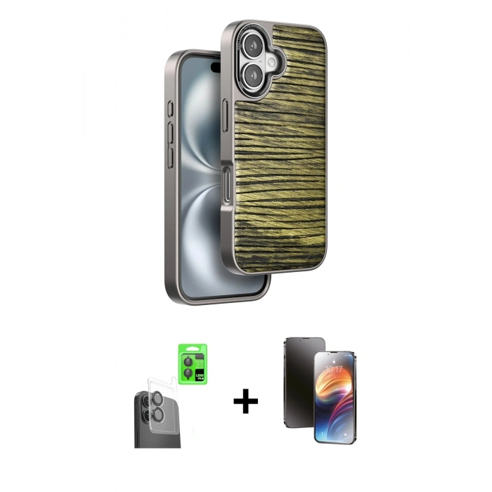 MARSİLYAN™- iPhone 16 Kılıf Atlas Minimal Özel Seri - Siyah 3D Antistatik Mat Seramik Nano Ekran Koruyucu + Raze Metal Kamera Lens - SH