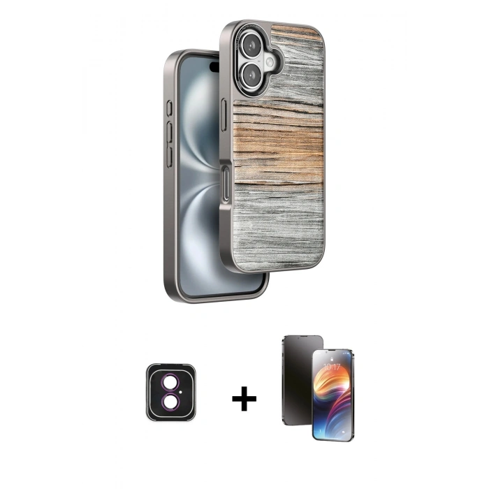 MARSİLYAN™- iPhone 16 Kılıf Atlas Minimal Özel Seri - Siyah 3D Antistatik Mat Seramik Nano Ekran Koruyucu + PVD Metal Kamera Lens - PE