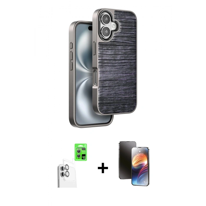 MARSİLYAN™- iPhone 16 Kılıf Atlas Minimal Özel Seri - Siyah 3D Antistatik Mat Seramik Nano Ekran Koruyucu + Raze Metal Kamera Lens - BZ