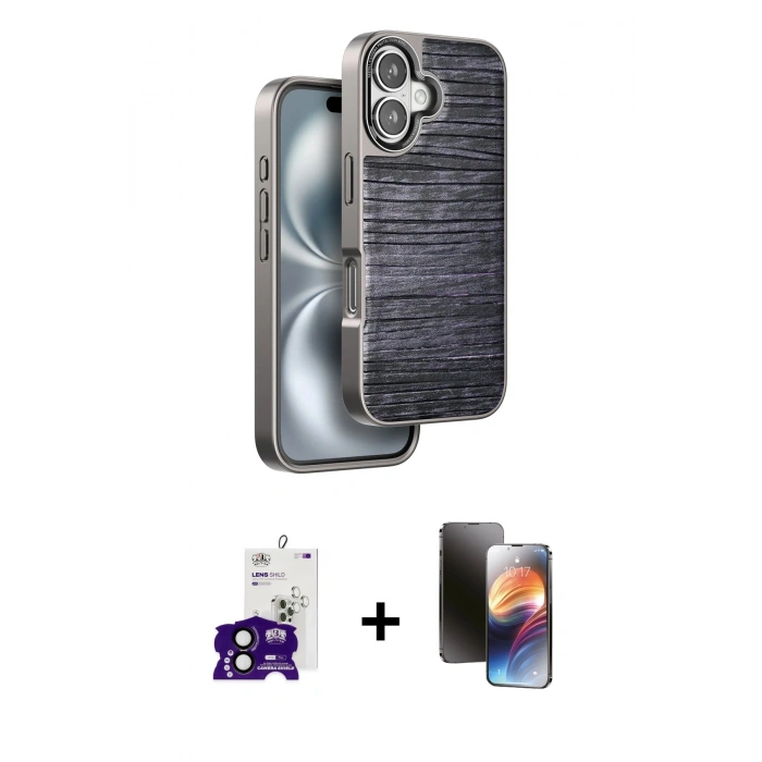 MARSİLYAN™- iPhone 16 Kılıf Atlas Minimal Özel Seri - Siyah 3D Antistatik Mat Seramik Nano Ekran Koruyucu + Bilvis Titan Kamera Lens - SH