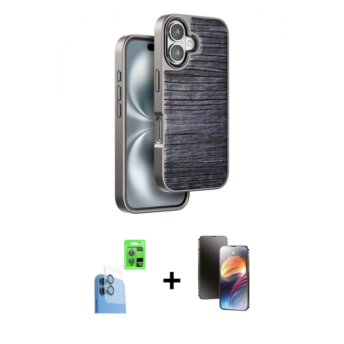 MARSİLYAN™- iPhone 16 Kılıf Atlas Minimal Özel Seri - Siyah 3D Antistatik Mat Seramik Nano Ekran Koruyucu + Raze Metal Kamera Lens - LT
