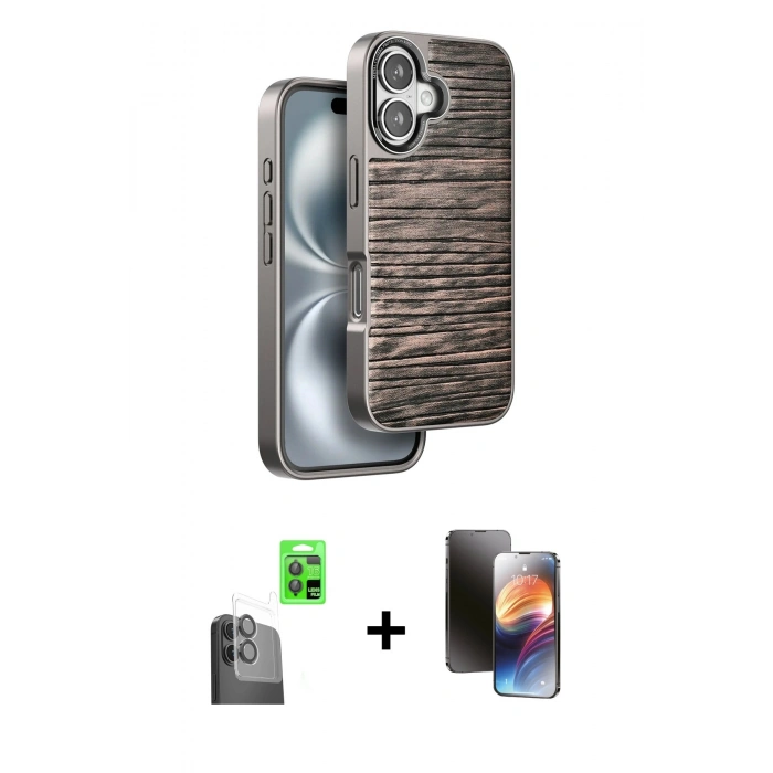 MARSİLYAN™- iPhone 16 Kılıf Atlas Minimal Özel Seri - Siyah 3D Antistatik Mat Seramik Nano Ekran Koruyucu + Raze Metal Kamera Lens - SH