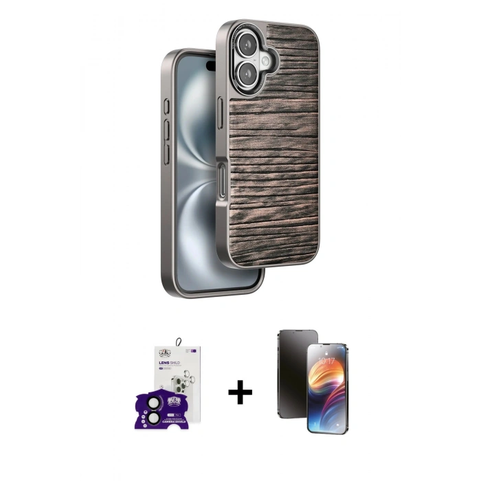 MARSİLYAN™- iPhone 16 Kılıf Atlas Minimal Özel Seri - Siyah 3D Antistatik Mat Seramik Nano Ekran Koruyucu + Bilvis Titan Kamera Lens - SH
