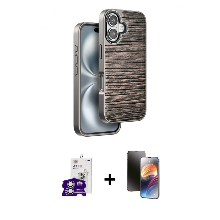 MARSİLYAN™- iPhone 16 Kılıf Atlas Minimal Özel Seri - Siyah 3D Antistatik Mat Seramik Nano Ekran Koruyucu + Bilvis Titan Kamera Lens - GS