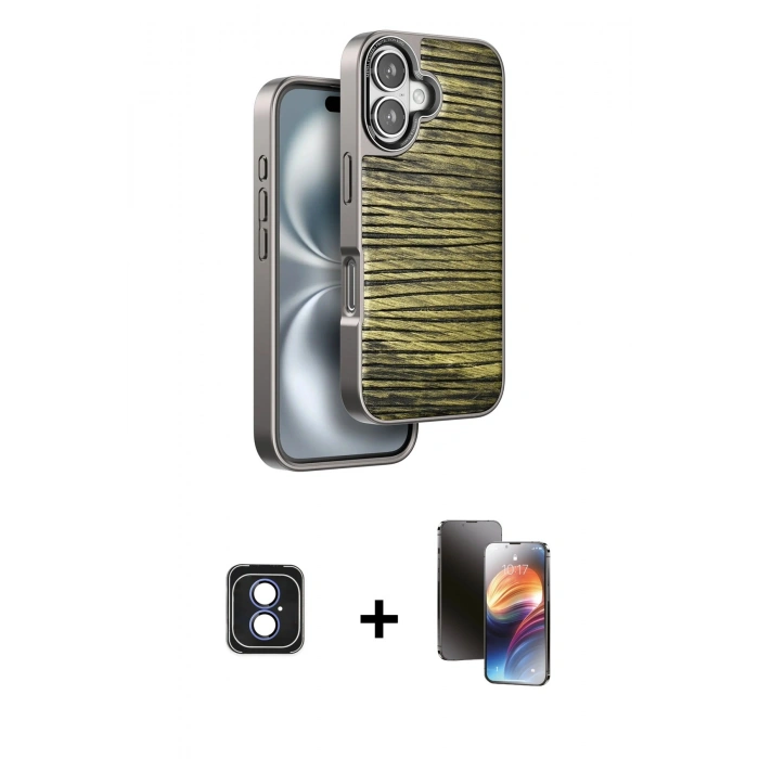 MARSİLYAN™- iPhone 16 Kılıf Atlas Minimal Özel Seri - Siyah 3D Antistatik Mat Seramik Nano Ekran Koruyucu + PVD Metal Kamera Lens - MI