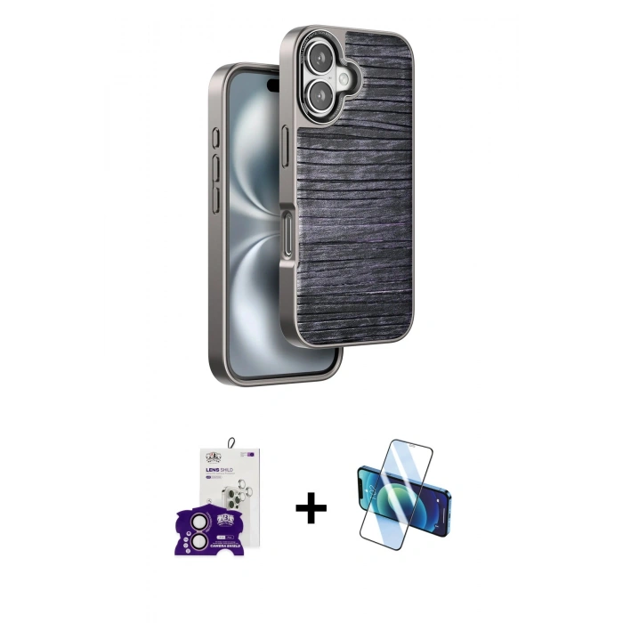 MARSİLYAN™- iPhone 16 Kılıf Atlas Minimal Özel Seri - Siyah 3D Antistatik Seramik Nano Ekran Koruyucu + Bilvis Titan Kamera Lens - PE