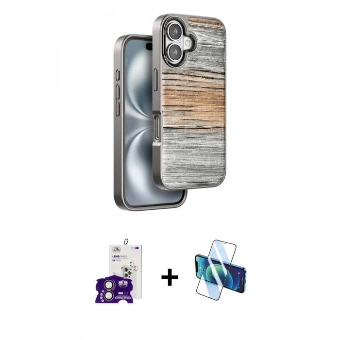 MARSİLYAN™- iPhone 16 Kılıf Atlas Minimal Özel Seri - Siyah 3D Antistatik Seramik Nano Ekran Koruyucu + Bilvis Titan Kamera Lens - PE