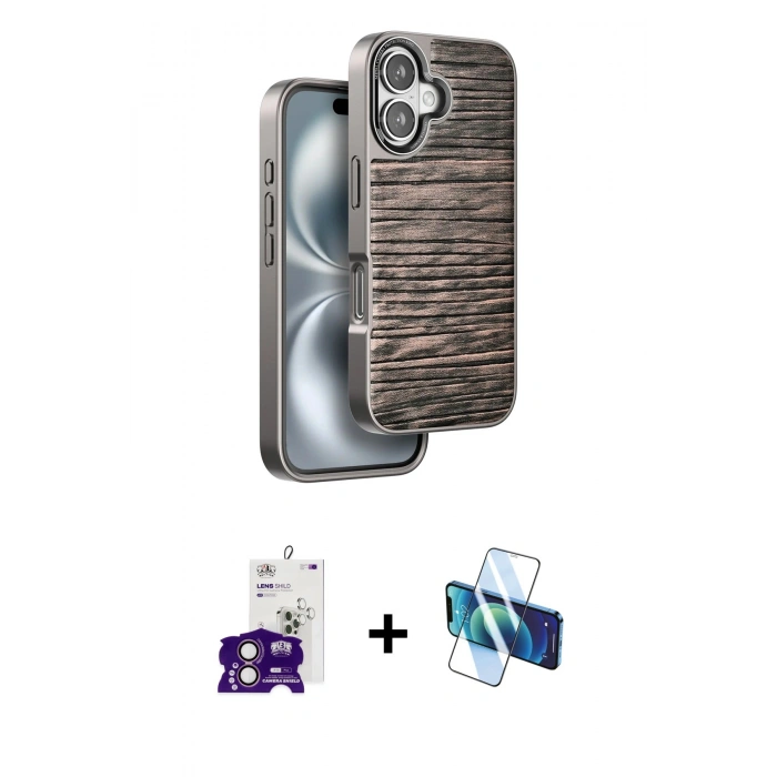 MARSİLYAN™- iPhone 16 Kılıf Atlas Minimal Özel Seri - Siyah 3D Antistatik Seramik Nano Ekran Koruyucu + Bilvis Titan Kamera Lens - PE