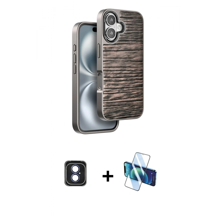 MARSİLYAN™- iPhone 16 Kılıf Atlas Minimal Özel Seri - Siyah 3D Antistatik Seramik Nano Ekran Koruyucu + PVD Metal Kamera Lens - MI