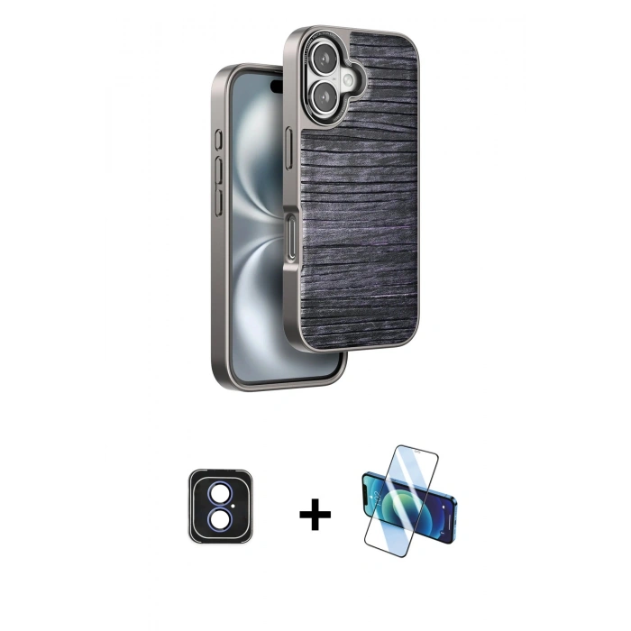 MARSİLYAN™- iPhone 16 Kılıf Atlas Minimal Özel Seri - Siyah 3D Antistatik Seramik Nano Ekran Koruyucu + PVD Metal Kamera Lens - MI