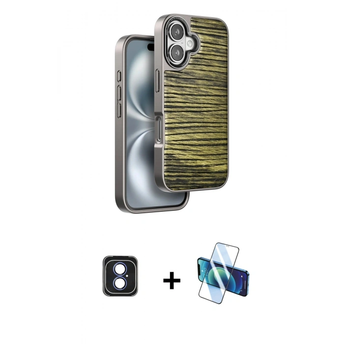 MARSİLYAN™- iPhone 16 Kılıf Atlas Minimal Özel Seri - Siyah 3D Antistatik Seramik Nano Ekran Koruyucu + PVD Metal Kamera Lens - MI