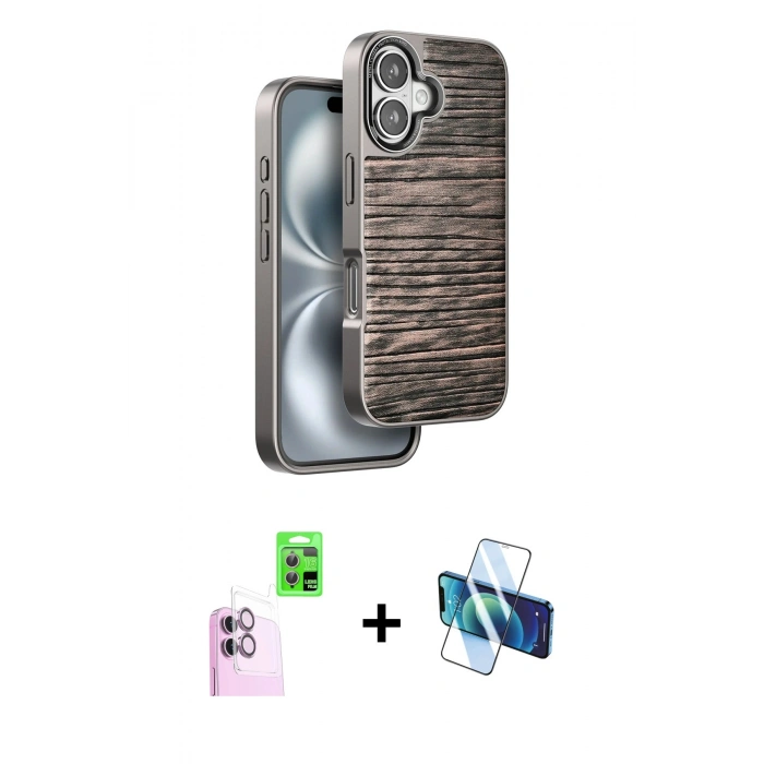MARSİLYAN™- iPhone 16 Kılıf Atlas Minimal Özel Seri - Siyah 3D Antistatik Seramik Nano Ekran Koruyucu + Raze Metal Kamera Lens - PE