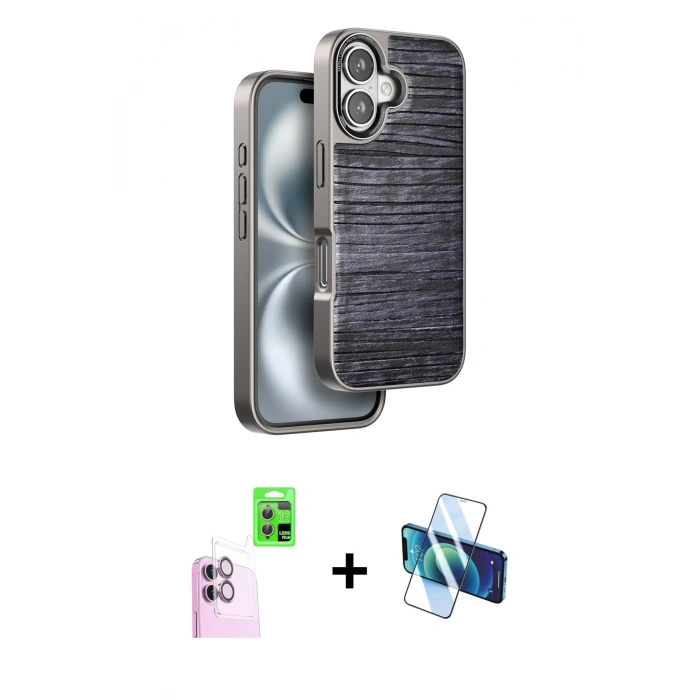 MARSİLYAN™- iPhone 16 Kılıf Atlas Minimal Özel Seri - Siyah 3D Antistatik Seramik Nano Ekran Koruyucu + Raze Metal Kamera Lens - PE