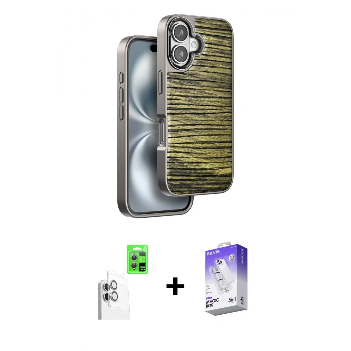 MARSİLYAN™- iPhone 16 Kılıf Atlas Minimal Özel Seri - Siyah Bilvis 5in1 3D Magic Cam Ekran Koruyucu + Raze Metal Kamera Lens - BZ