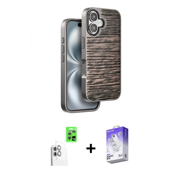 MARSİLYAN™- iPhone 16 Kılıf Atlas Minimal Özel Seri - Siyah Bilvis 5in1 3D Magic Cam Ekran Koruyucu + Raze Metal Kamera Lens - BZ