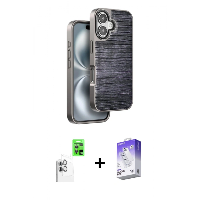 MARSİLYAN™- iPhone 16 Kılıf Atlas Minimal Özel Seri - Siyah Bilvis 5in1 3D Magic Cam Ekran Koruyucu + Raze Metal Kamera Lens - BZ