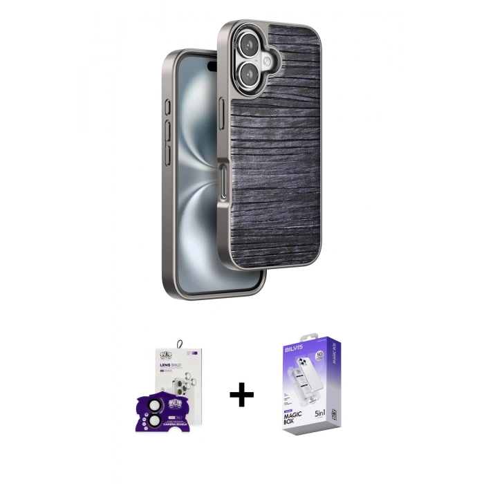 MARSİLYAN™- iPhone 16 Kılıf Atlas Minimal Özel Seri - Siyah Bilvis 5in1 3D Magic Cam Ekran Koruyucu + Bilvis Titan Kamera Lens - SH