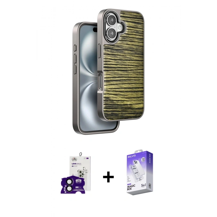 MARSİLYAN™- iPhone 16 Kılıf Atlas Minimal Özel Seri - Siyah Bilvis 5in1 3D Magic Cam Ekran Koruyucu + Bilvis Titan Kamera Lens - SH