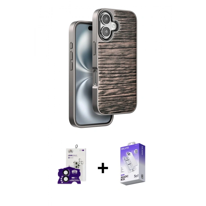 MARSİLYAN™- iPhone 16 Kılıf Atlas Minimal Özel Seri - Siyah Bilvis 5in1 3D Magic Cam Ekran Koruyucu + Bilvis Titan Kamera Lens - SH