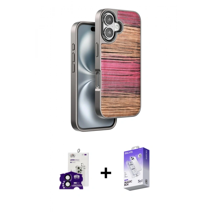 MARSİLYAN™- iPhone 16 Kılıf Atlas Minimal Özel Seri - Siyah Bilvis 5in1 3D Magic Cam Ekran Koruyucu + Bilvis Titan Kamera Lens - SH