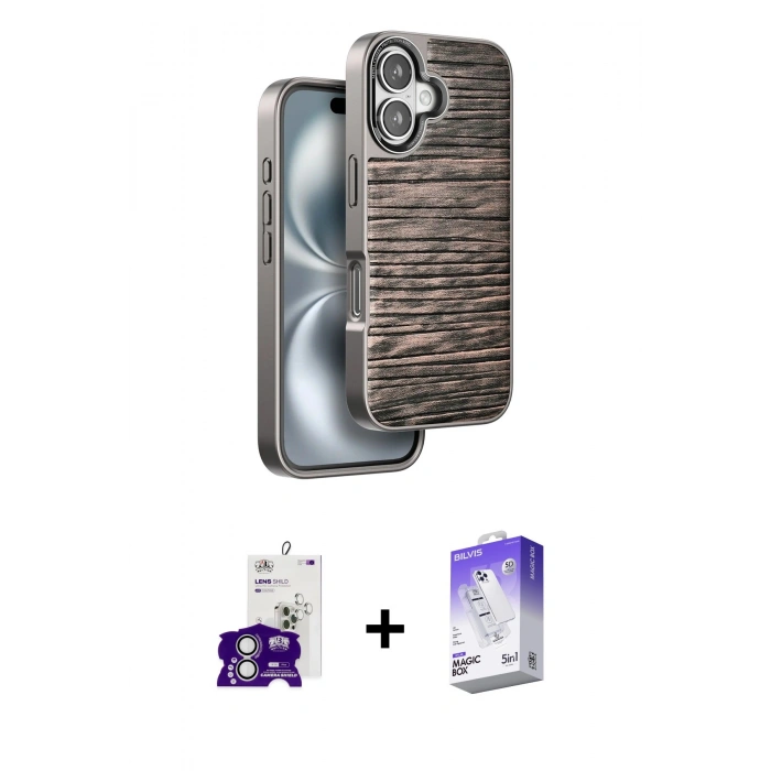 MARSİLYAN™- iPhone 16 Kılıf Atlas Minimal Özel Seri - Siyah Bilvis 5in1 3D Magic Cam Ekran Koruyucu + Bilvis Titan Kamera Lens - GS