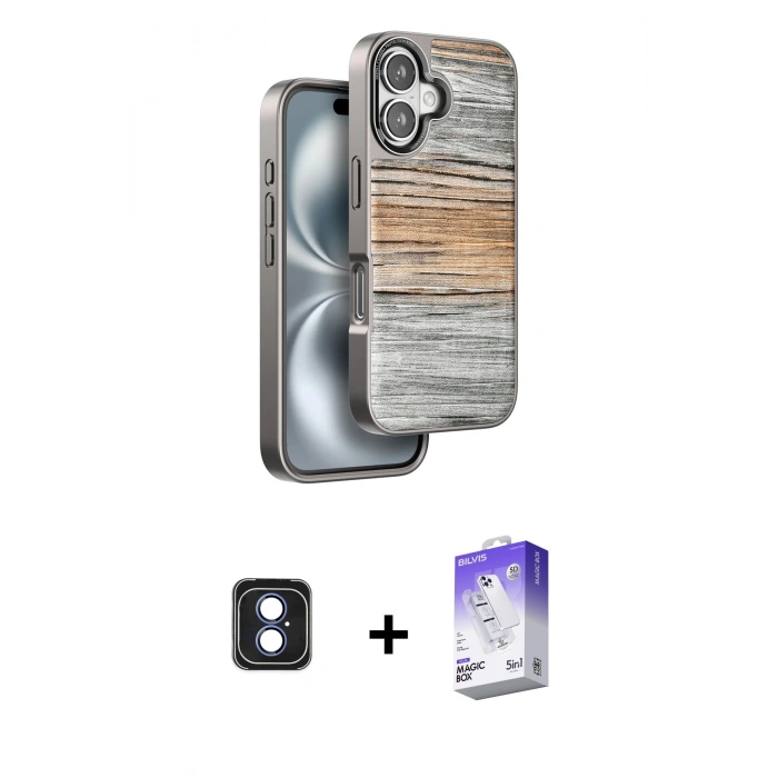MARSİLYAN™- iPhone 16 Kılıf Atlas Minimal Özel Seri - Siyah Bilvis 5in1 3D Magic Cam Ekran Koruyucu + PVD Metal Kamera Lens - MI