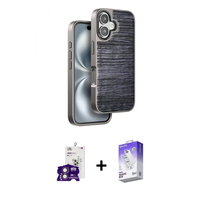 MARSİLYAN™- iPhone 16 Kılıf Atlas Minimal Özel Seri - Siyah Bilvis 5in1 3D Magic Cam Ekran Koruyucu + Bilvis Titan Kamera Lens - PE