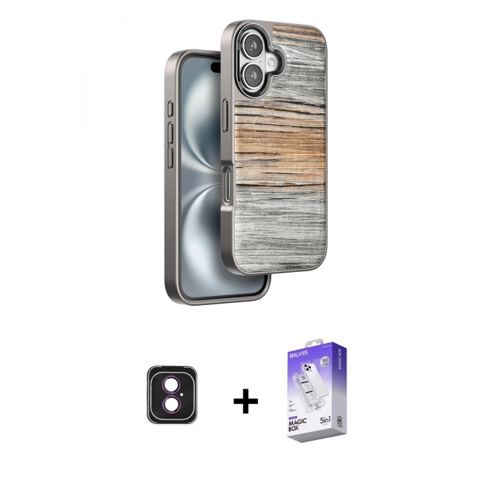 MARSİLYAN™- iPhone 16 Kılıf Atlas Minimal Özel Seri - Siyah Bilvis 5in1 3D Magic Cam Ekran Koruyucu + PVD Metal Kamera Lens - PE