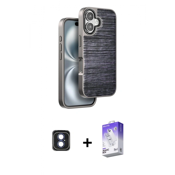 MARSİLYAN™- iPhone 16 Kılıf Atlas Minimal Özel Seri - Siyah Bilvis 5in1 3D Magic Cam Ekran Koruyucu + PVD Metal Kamera Lens - MI