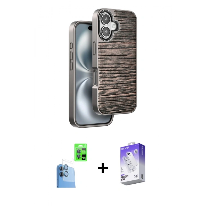 MARSİLYAN™- iPhone 16 Kılıf Atlas Minimal Özel Seri - Siyah Bilvis 5in1 3D Magic Cam Ekran Koruyucu + Raze Metal Kamera Lens - LT
