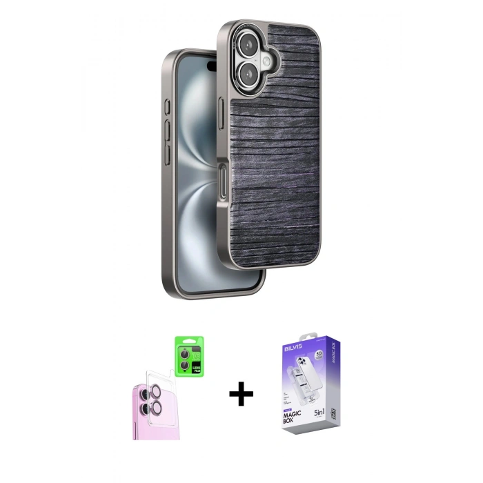 MARSİLYAN™- iPhone 16 Kılıf Atlas Minimal Özel Seri - Siyah Bilvis 5in1 3D Magic Cam Ekran Koruyucu + Raze Metal Kamera Lens - PE
