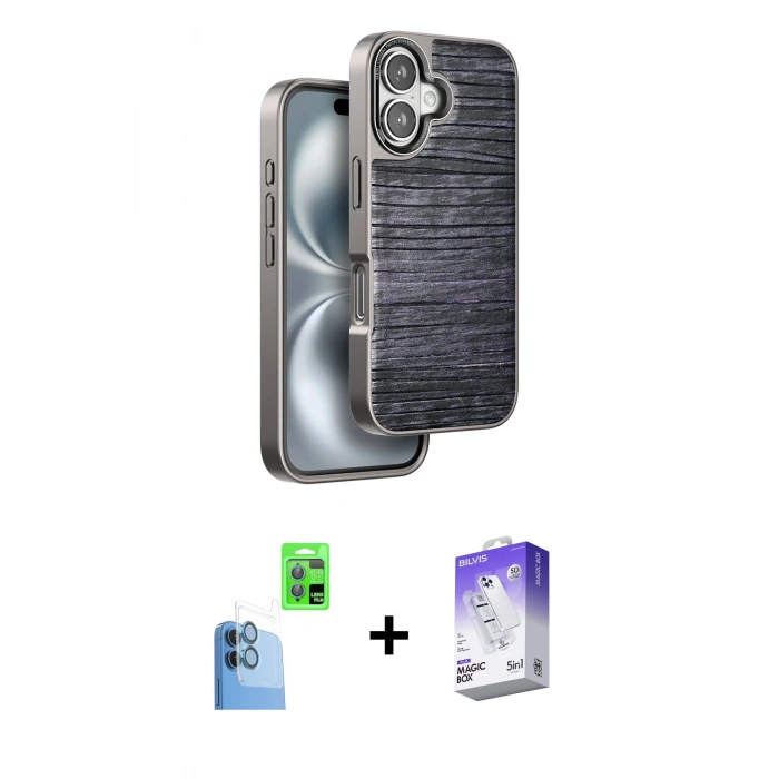 MARSİLYAN™- iPhone 16 Kılıf Atlas Minimal Özel Seri - Siyah Bilvis 5in1 3D Magic Cam Ekran Koruyucu + Raze Metal Kamera Lens - LT