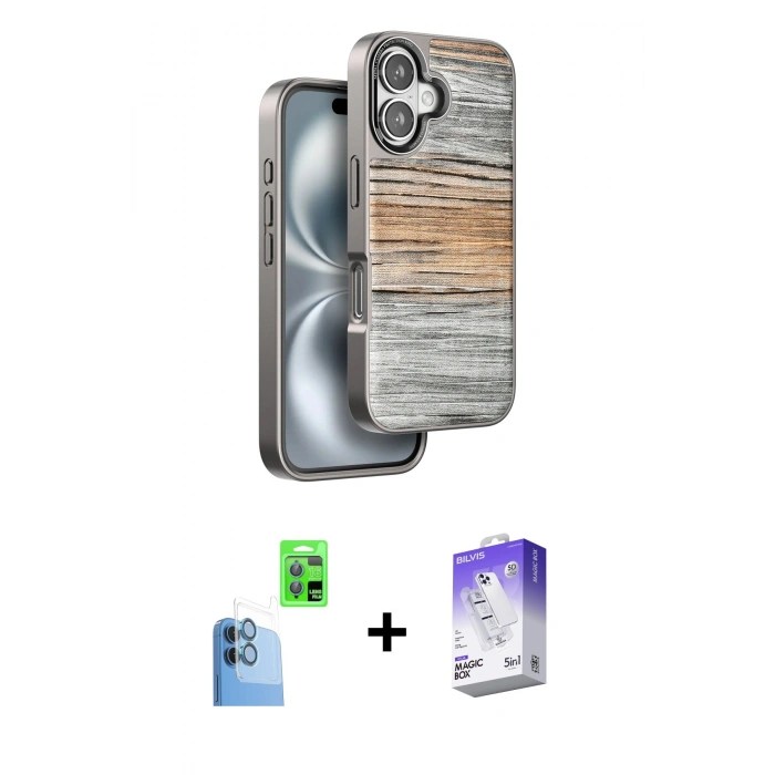 MARSİLYAN™- iPhone 16 Kılıf Atlas Minimal Özel Seri - Siyah Bilvis 5in1 3D Magic Cam Ekran Koruyucu + Raze Metal Kamera Lens - LT