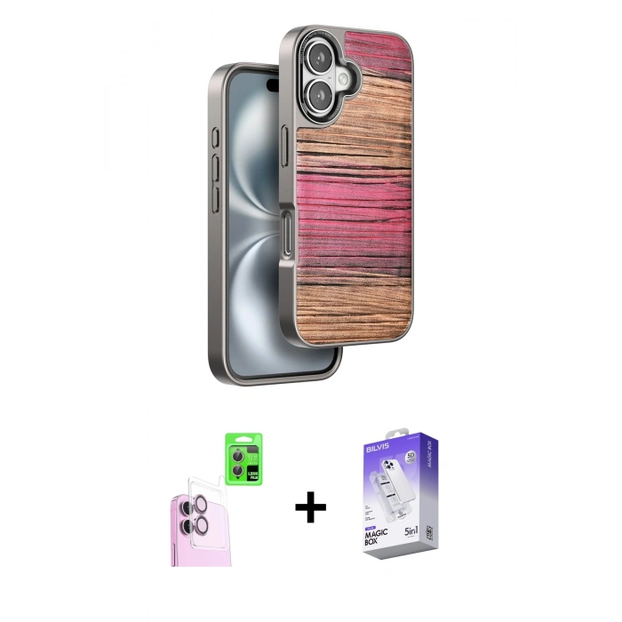 MARSİLYAN™- iPhone 16 Kılıf Atlas Minimal Özel Seri - Siyah Bilvis 5in1 3D Magic Cam Ekran Koruyucu + Raze Metal Kamera Lens - PE