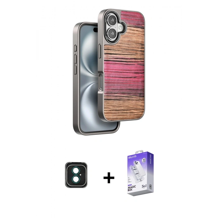 MARSİLYAN™- iPhone 16 Kılıf Atlas Minimal Özel Seri - Siyah Bilvis 5in1 3D Magic Cam Ekran Koruyucu + Yeşil PVD Metal Kamera Lens