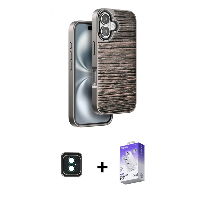MARSİLYAN™- iPhone 16 Kılıf Atlas Minimal Özel Seri - Siyah Bilvis 5in1 3D Magic Cam Ekran Koruyucu + Yeşil PVD Metal Kamera Lens