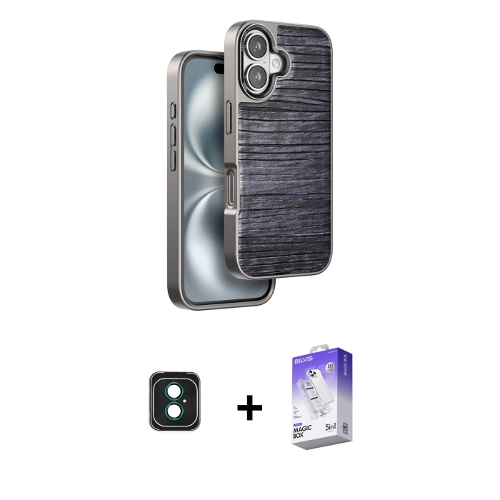 MARSİLYAN™- iPhone 16 Kılıf Atlas Minimal Özel Seri - Siyah Bilvis 5in1 3D Magic Cam Ekran Koruyucu + Yeşil PVD Metal Kamera Lens
