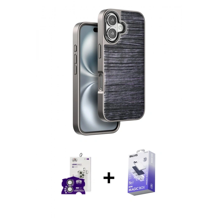 MARSİLYAN™- iPhone 16 Kılıf Atlas Minimal Özel Seri - Siyah Bilvis 5in1 5D Magic Hayalet Cam Ekran Koruyucu + Bilvis Titan Kamera Lens - GS