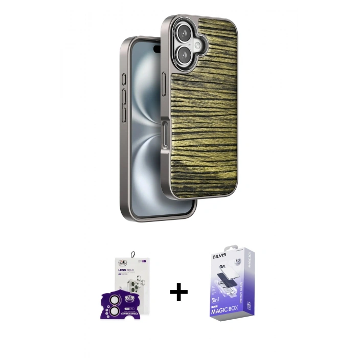 MARSİLYAN™- iPhone 16 Kılıf Atlas Minimal Özel Seri - Siyah Bilvis 5in1 5D Magic Hayalet Cam Ekran Koruyucu + Bilvis Titan Kamera Lens - PE