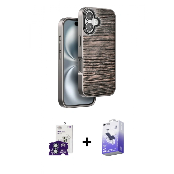 MARSİLYAN™- iPhone 16 Kılıf Atlas Minimal Özel Seri - Siyah Bilvis 5in1 5D Magic Hayalet Cam Ekran Koruyucu + Bilvis Titan Kamera Lens - YL