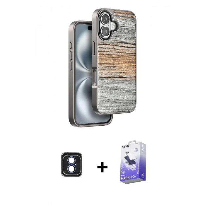 MARSİLYAN™- iPhone 16 Kılıf Atlas Minimal Özel Seri - Siyah Bilvis 5in1 5D Magic Hayalet Cam Ekran Koruyucu + PVD Metal Kamera Lens - MI